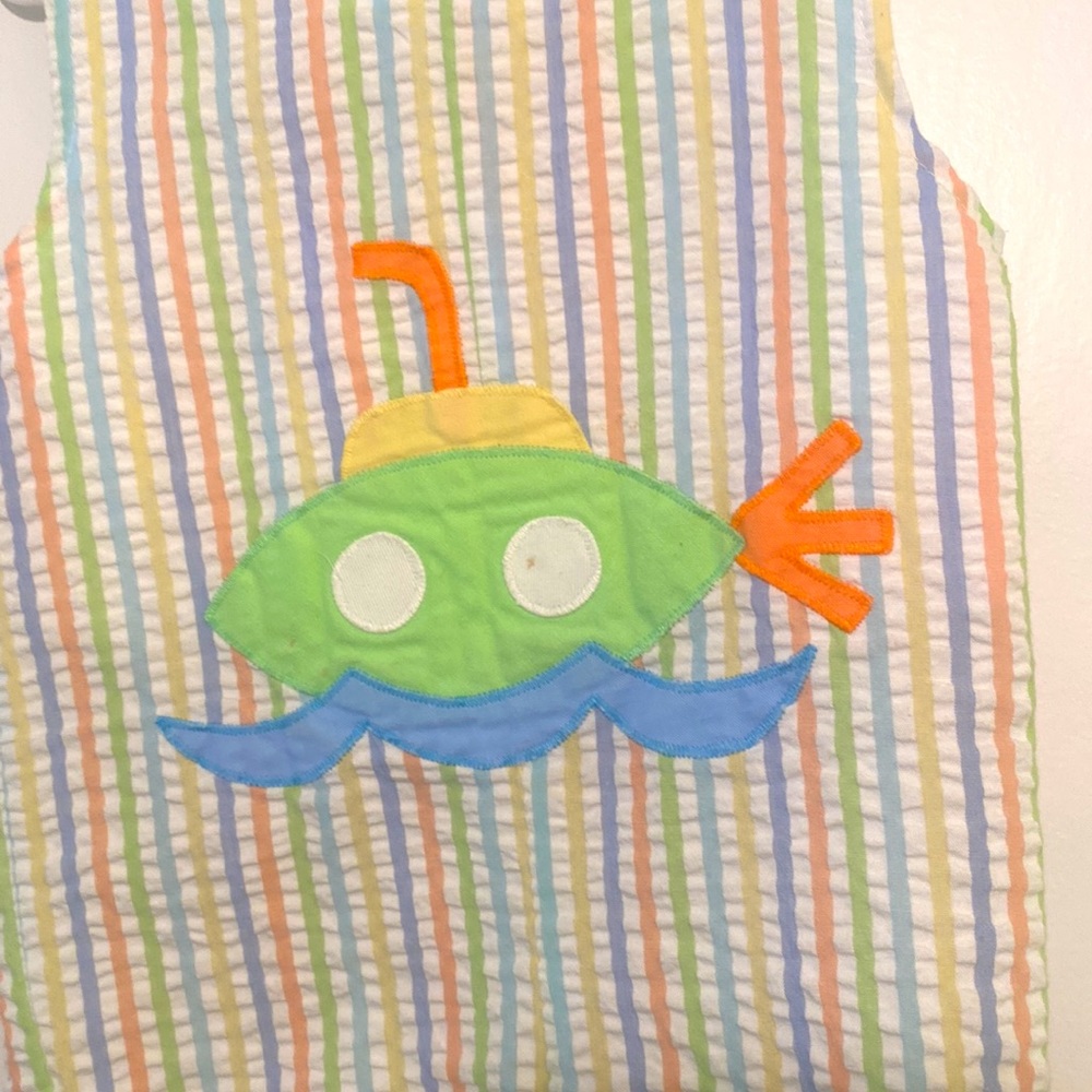 Boys Mutli Colored Seersucker Shortall with Submarine Appliqué. Size 12M.